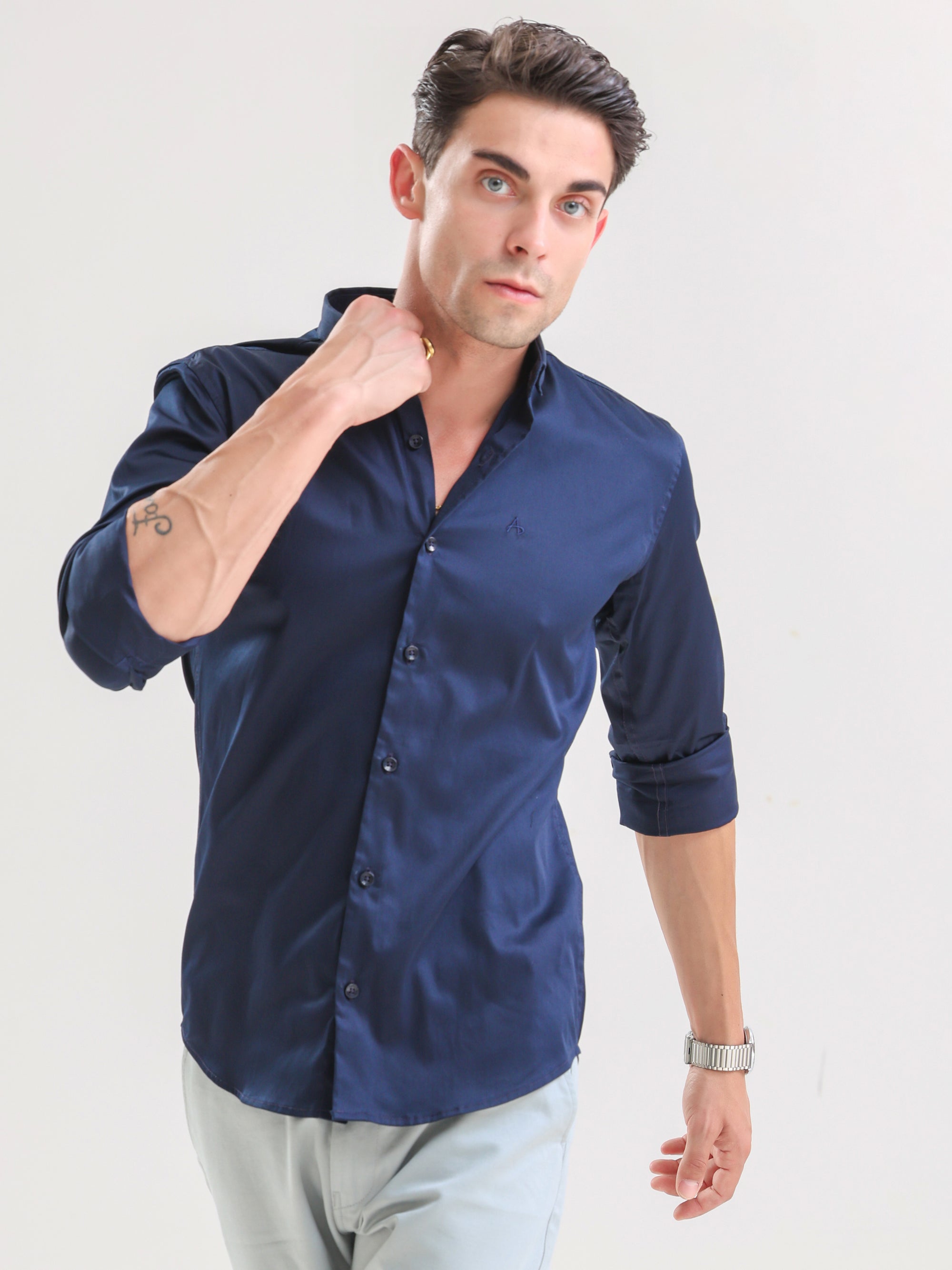 Nautical Navy Lycra Slim Fit Shirt