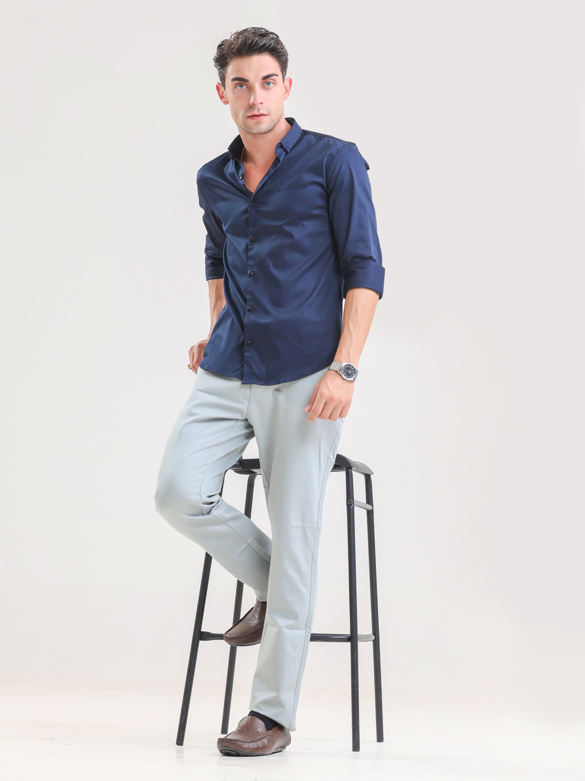 Nautical Navy Lycra Slim Fit Shirt