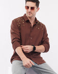 Leaves Embroidery Brown Relaxed Fit Shirt