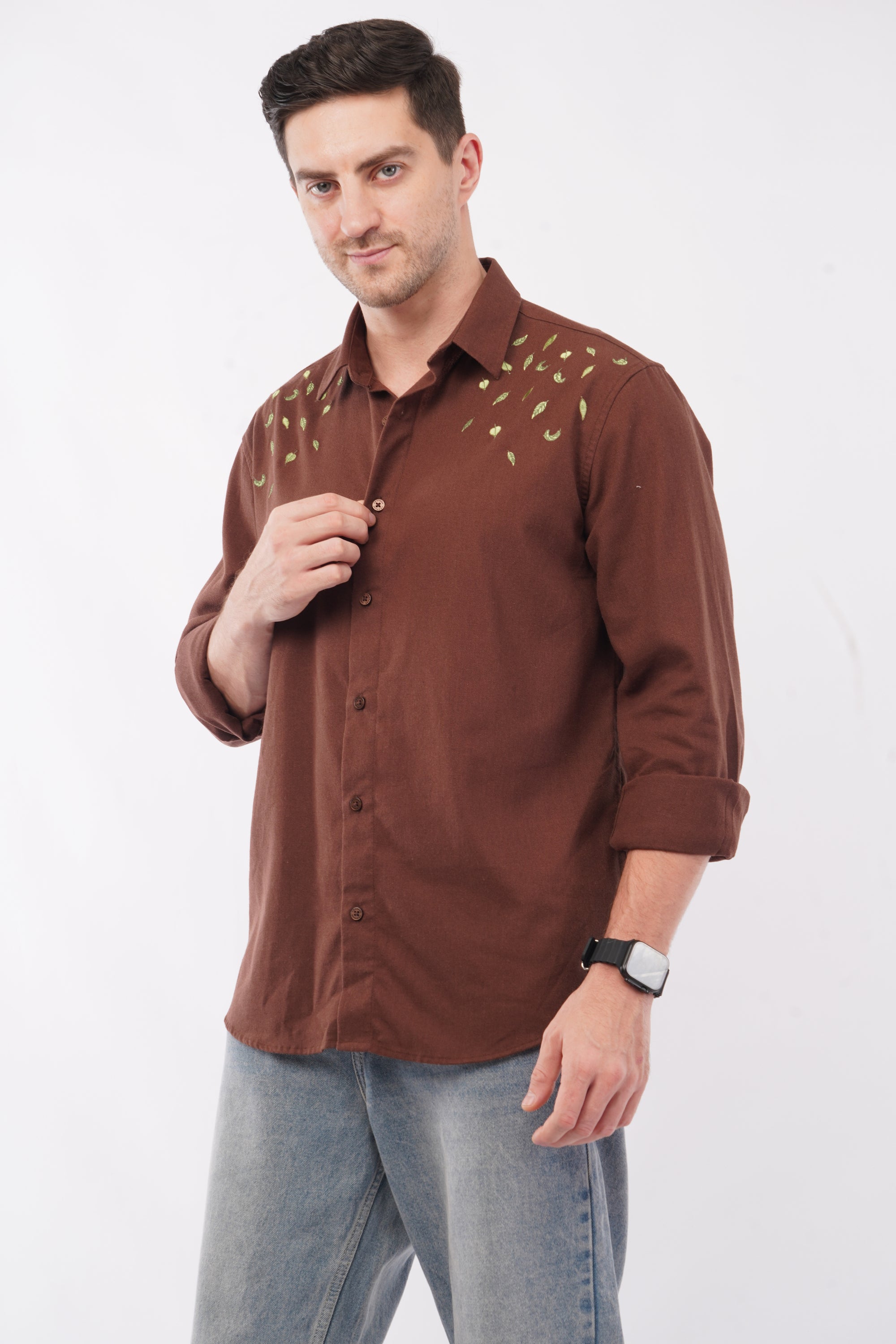 Leaves Embroidery Brown Relaxed Fit Shirt