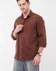 Leaves Embroidery Brown Relaxed Fit Shirt