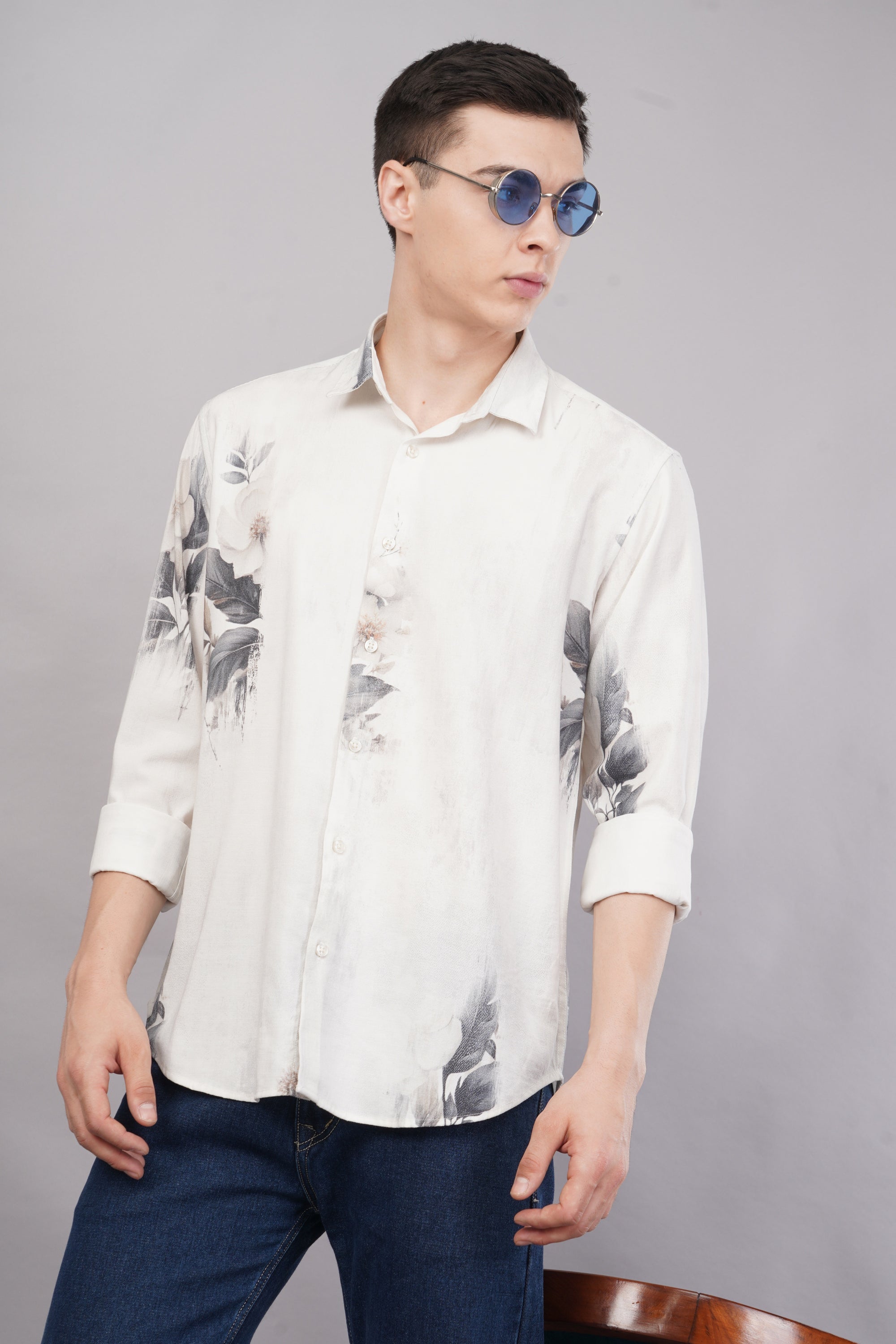 Tapered Fit Bloom Print White Full Sleeve Shirt