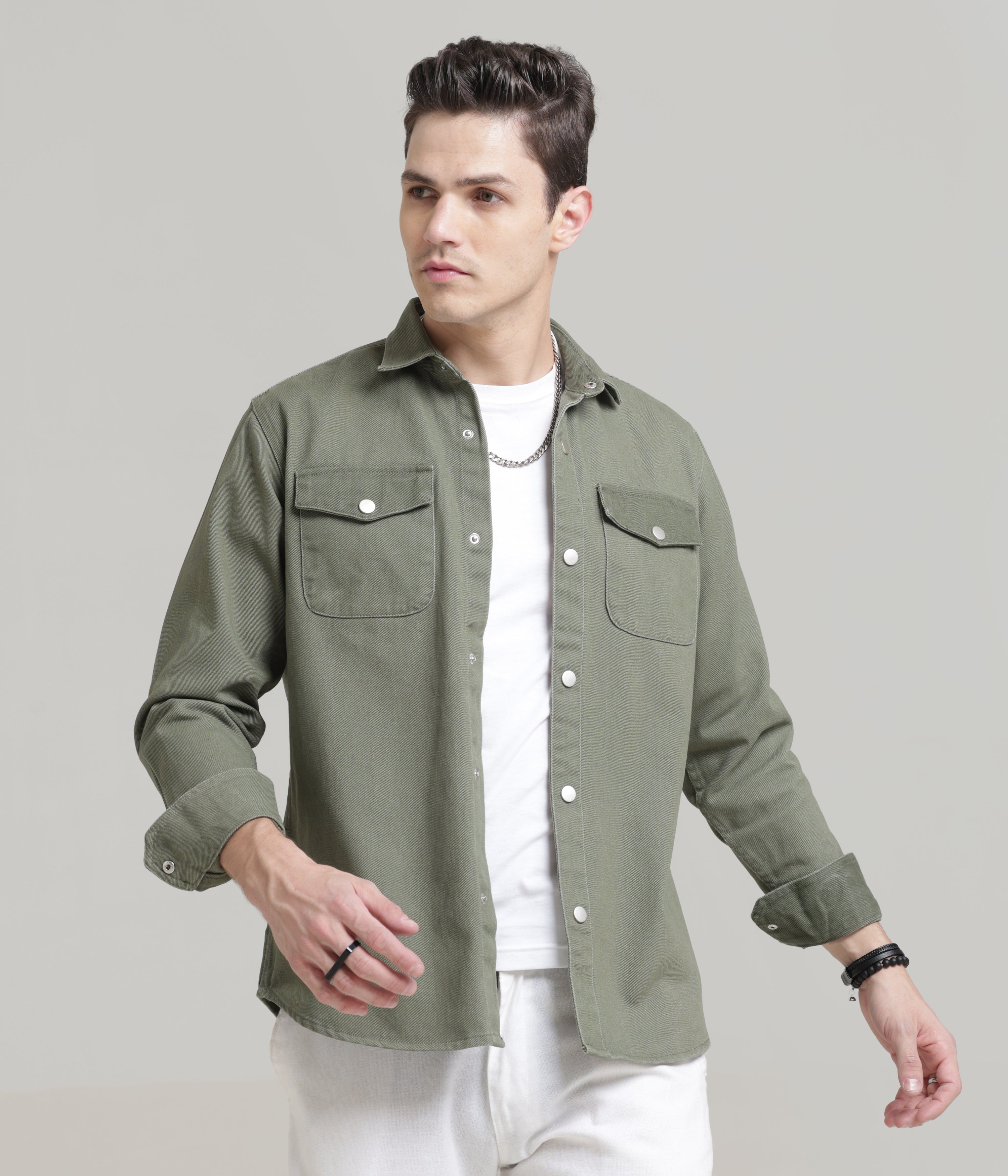 Olive Classic Fit Double Pocket Shirt in Heavy Twill Cotton