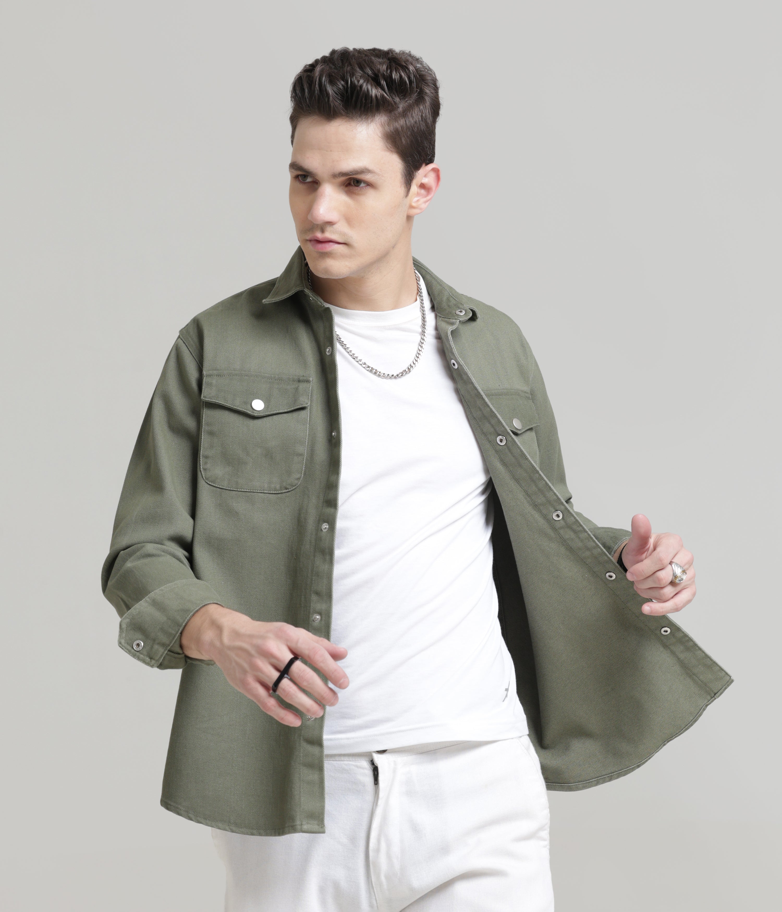 Olive Classic Fit Double Pocket Shirt in Heavy Twill Cotton