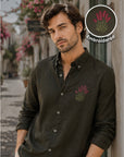 Olive Bloom Embroidered Relaxed Fit Linen Shirt