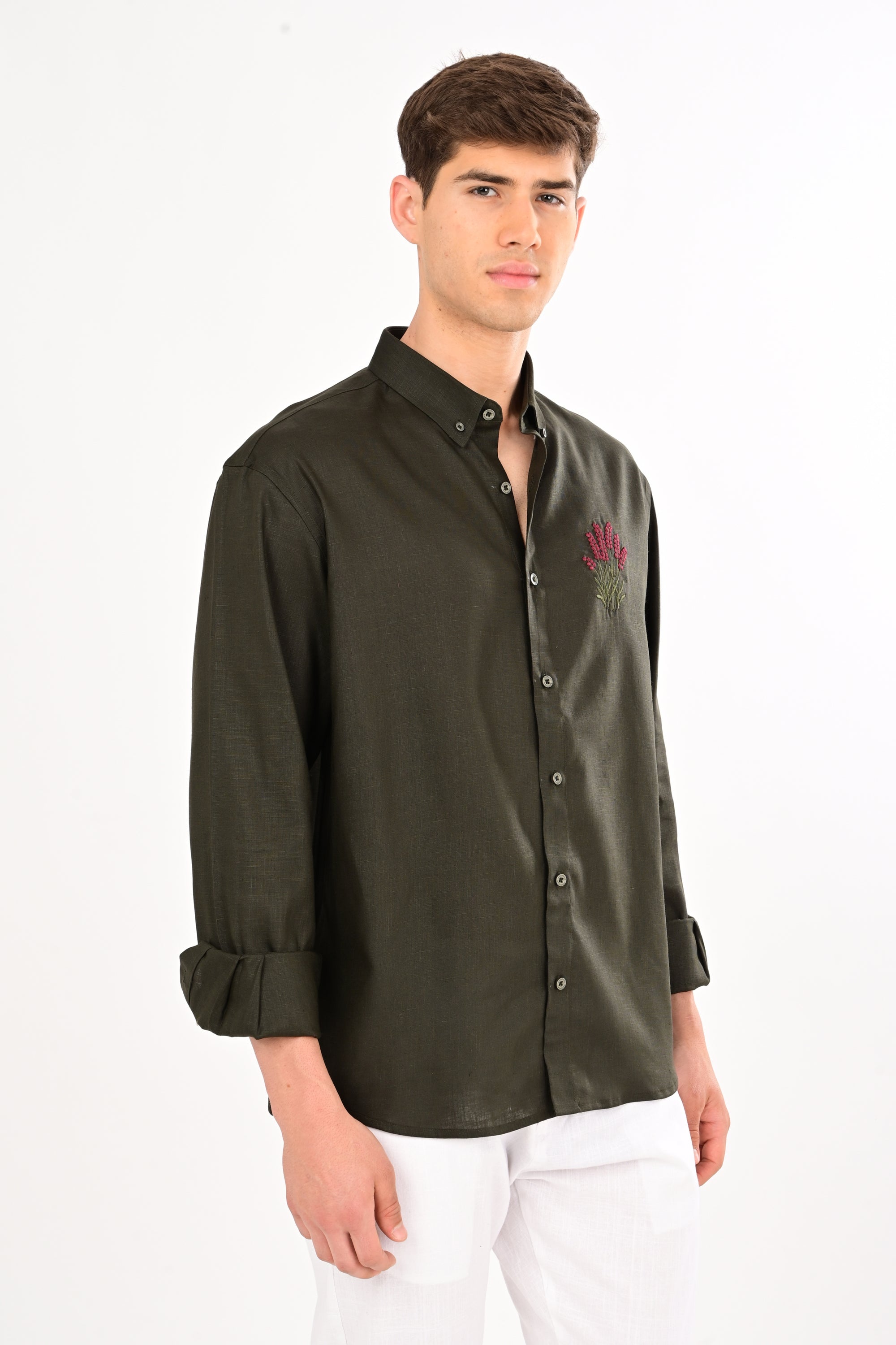 Olive Bloom Embroidered Relaxed Fit Linen Shirt
