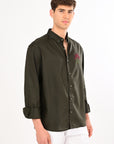Olive Bloom Embroidered Relaxed Fit Linen Shirt