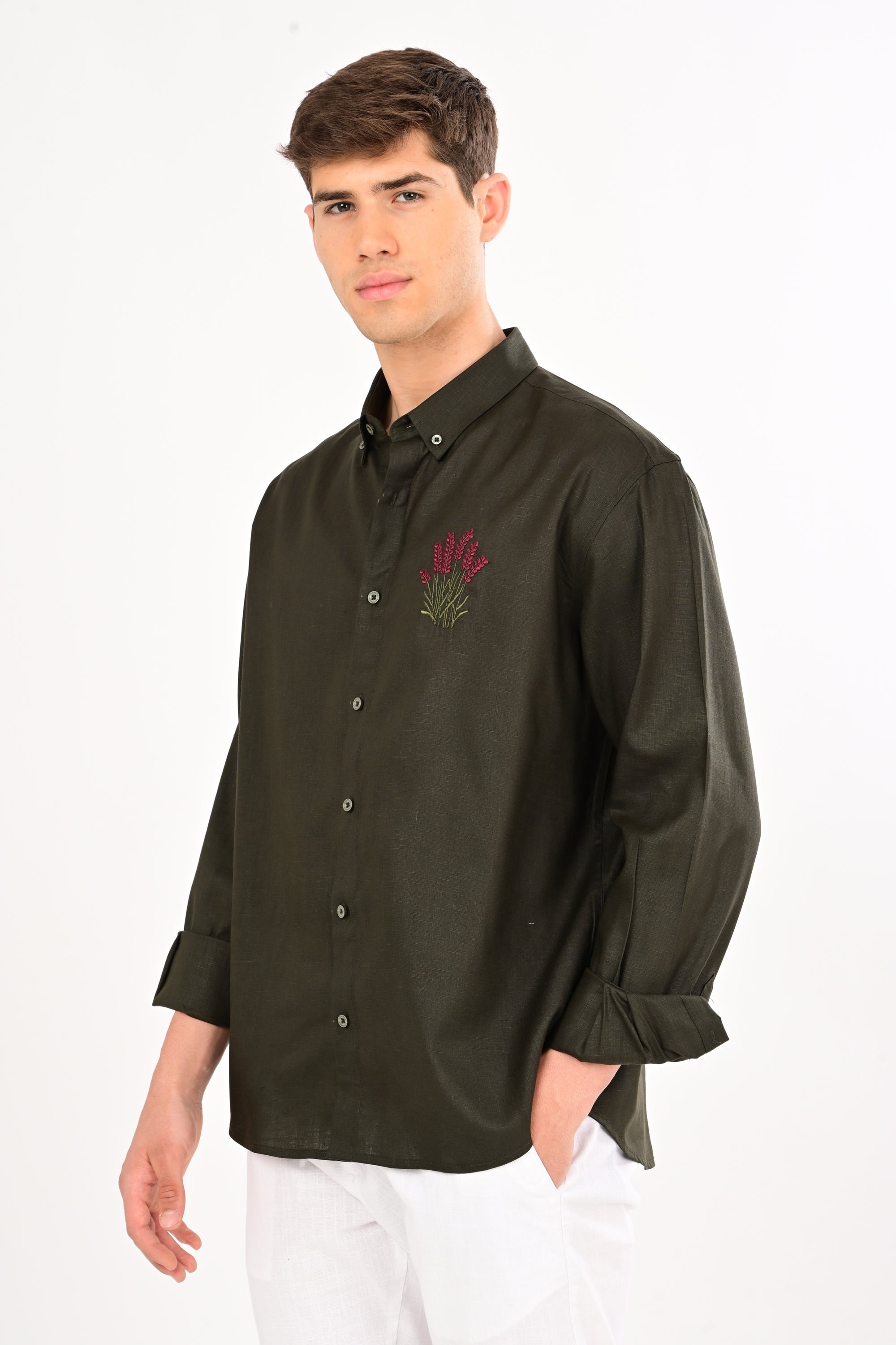 Olive Bloom Embroidered Relaxed Fit Linen Shirt