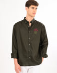 Olive Bloom Embroidered Relaxed Fit Linen Shirt