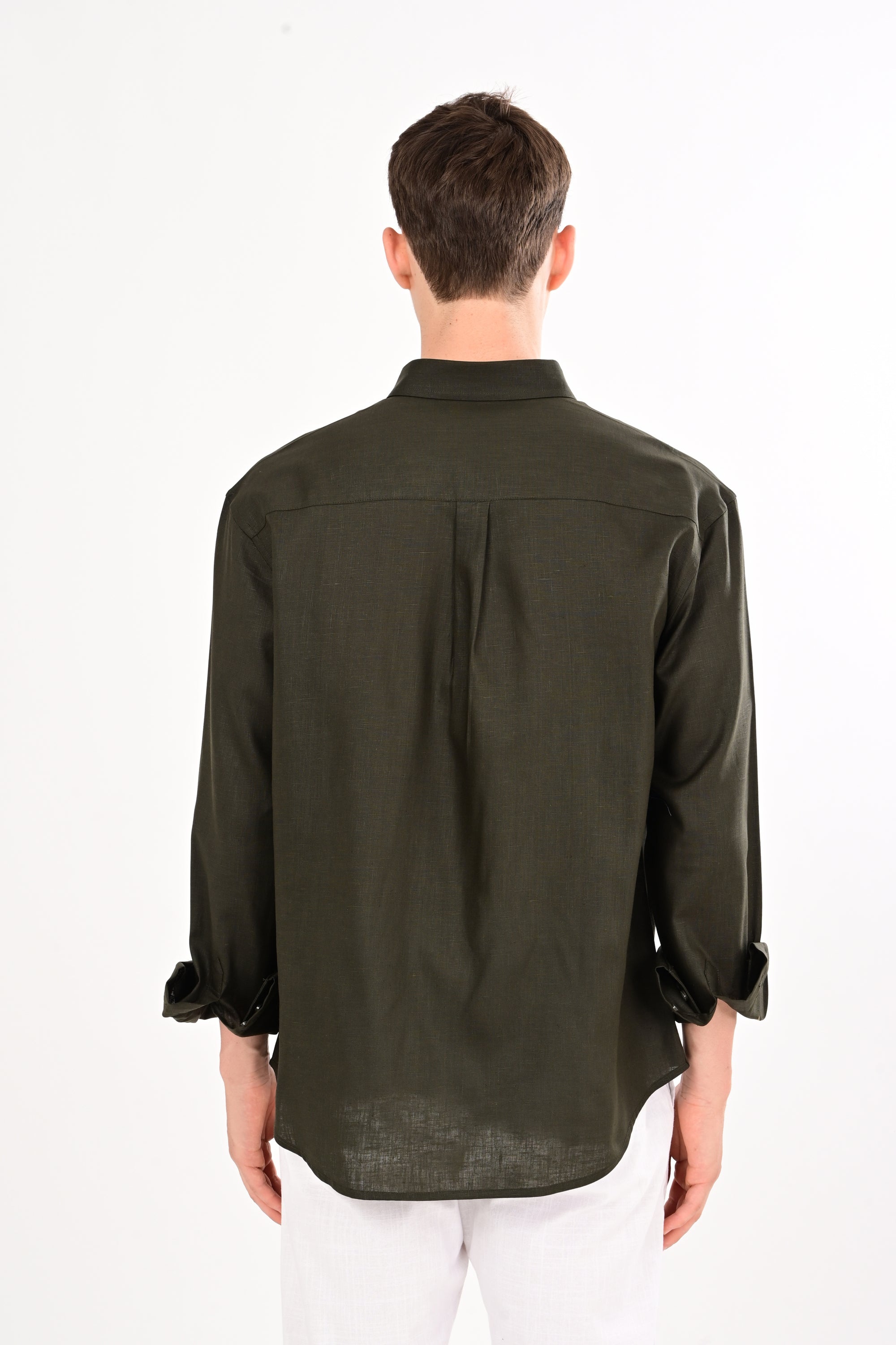 Olive Bloom Embroidered Relaxed Fit Linen Shirt