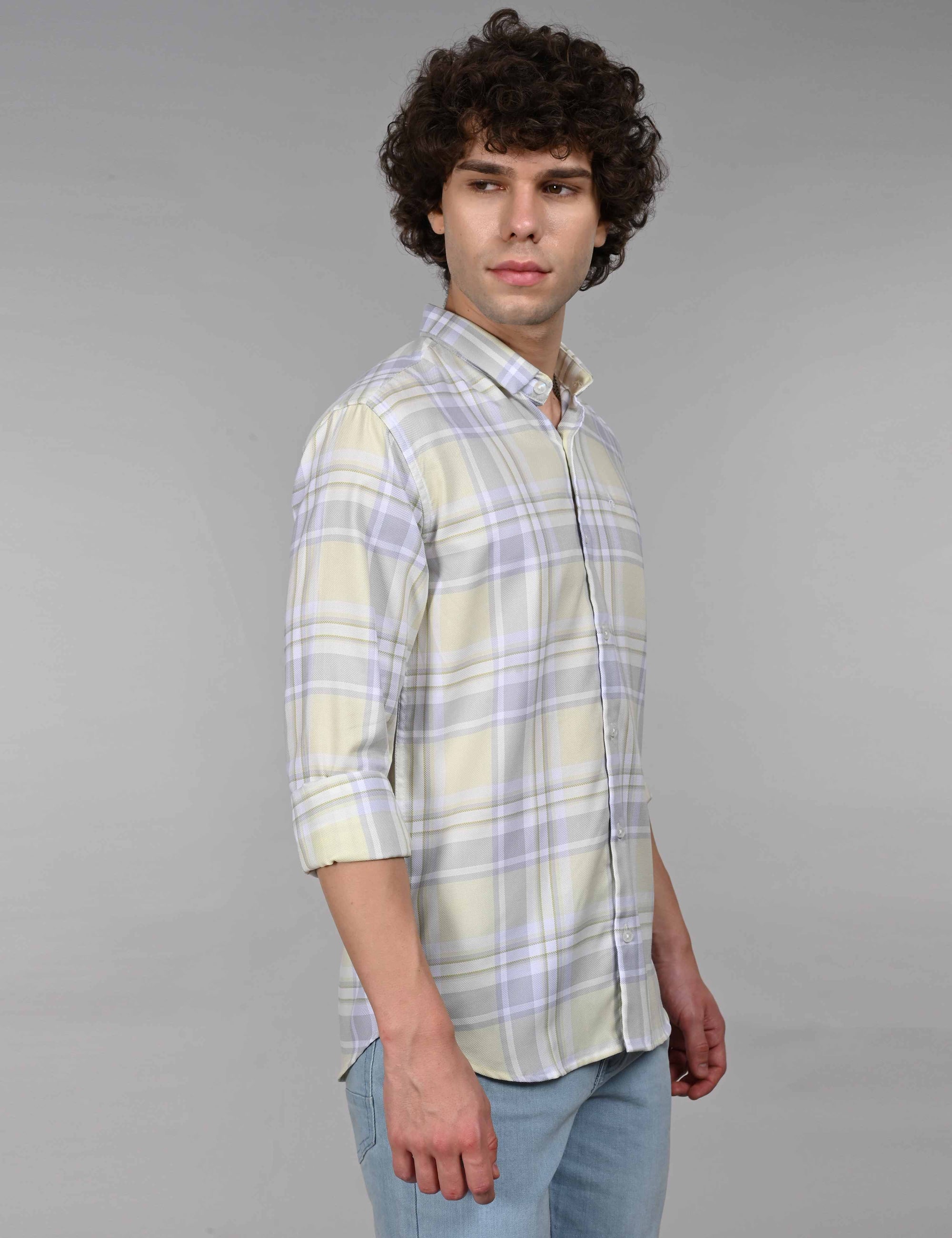 Full sleeve tea green slim fit check shirt