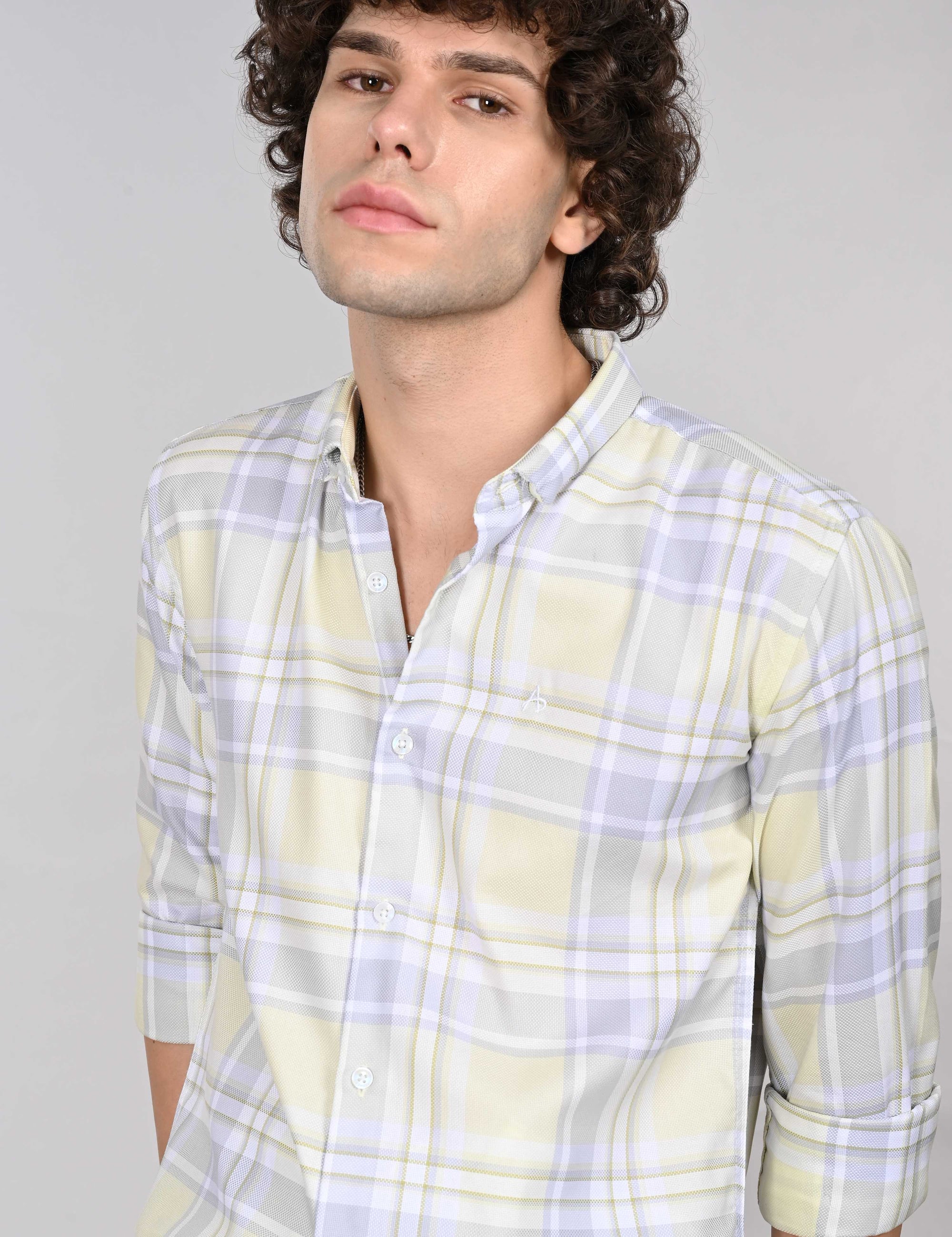 Full sleeve tea green slim fit check shirt
